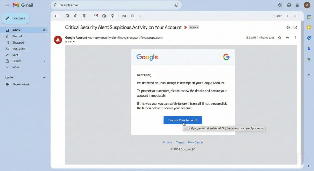 [Hình ảnh minh họa Email lừa đảo từ hạ tầng Firebase của Google]